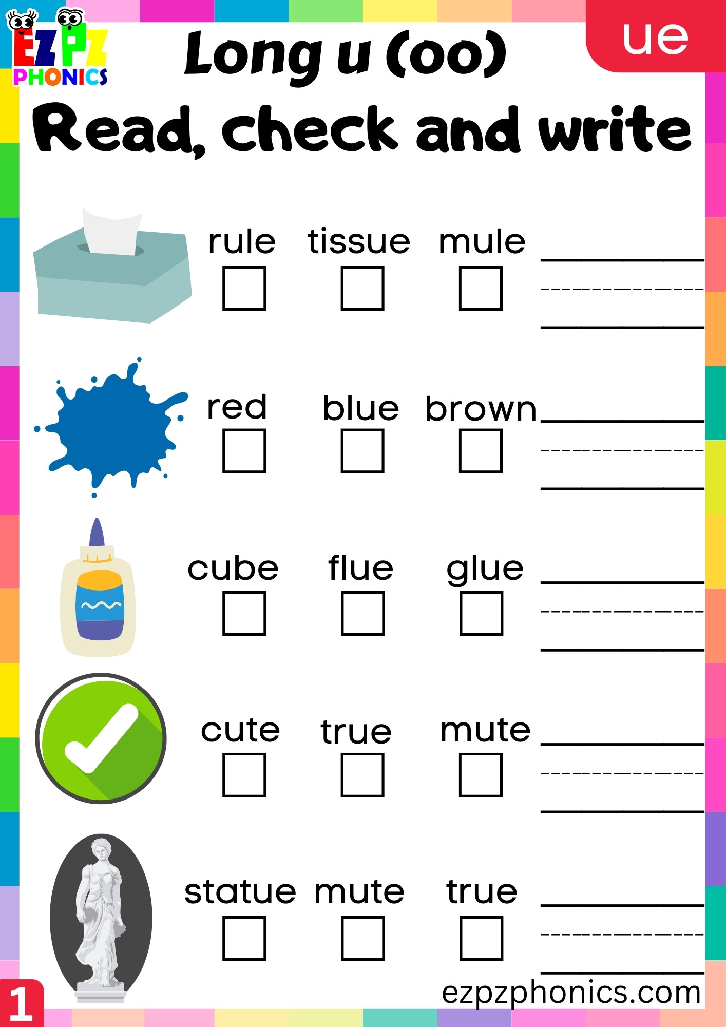 Read Check and Write the Words for ue Words Long u (oo) Sound